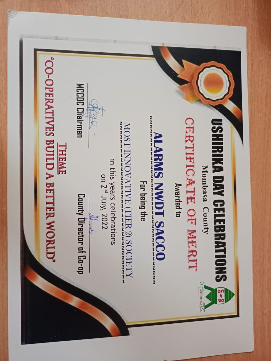 ALARM SACCO Certificate of Achievement